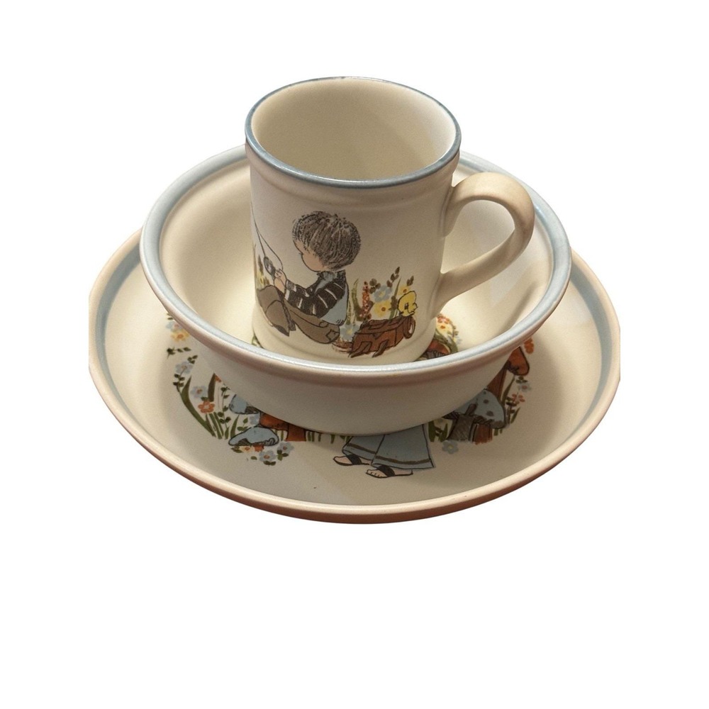 Vintage Denby England Dream Weavers‎ blue Plate Bowl Mug Set Boy Discontinued